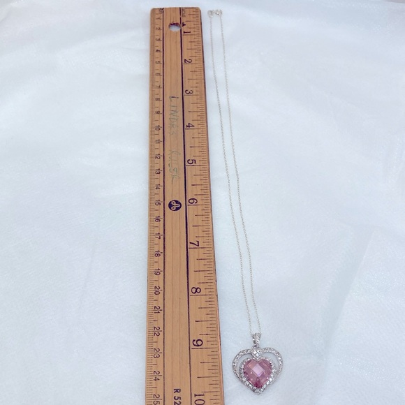 Double Heart 925 Silver Necklace & Pink Cubic Zirconia Heart Pendant - Picture 9 of 10